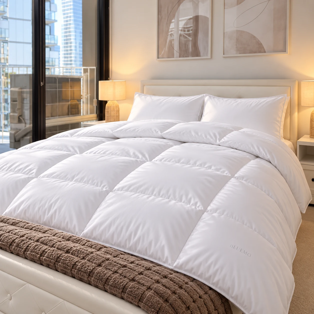 White box-stitched Bluemo quilt styled in a warm apartment bedroom