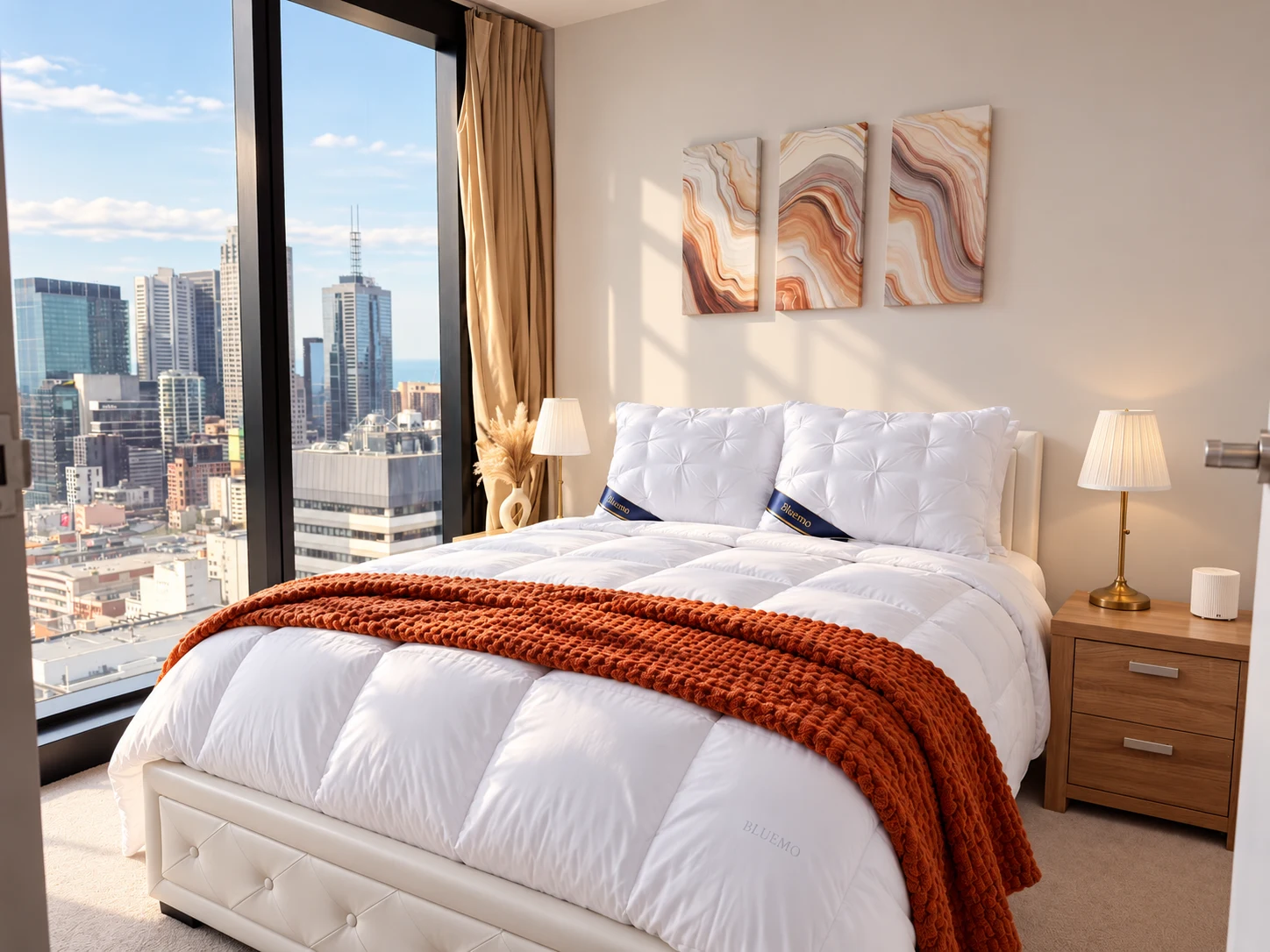 AI-styled Bluemo pillow and quilt display with Melbourne skyline views